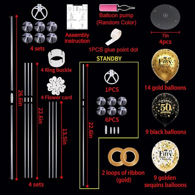 4 Set Black Gold Balloon Stand Kit for Birthday Decorations for 50th