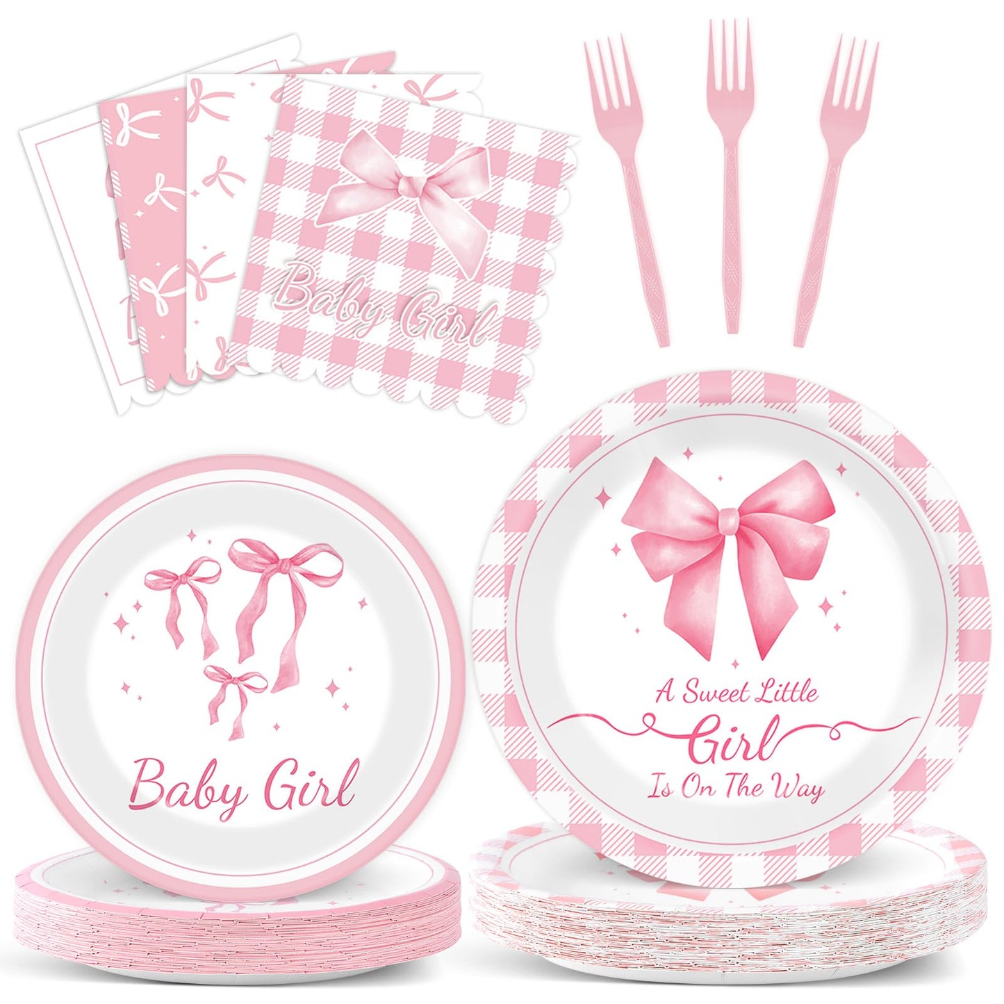 96Pcs Pink Bow Baby Shower Party Supplies Girl Bow Paper Plates