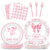 96Pcs Pink Bow Baby Shower Party Supplies Girl Bow Paper Plates
