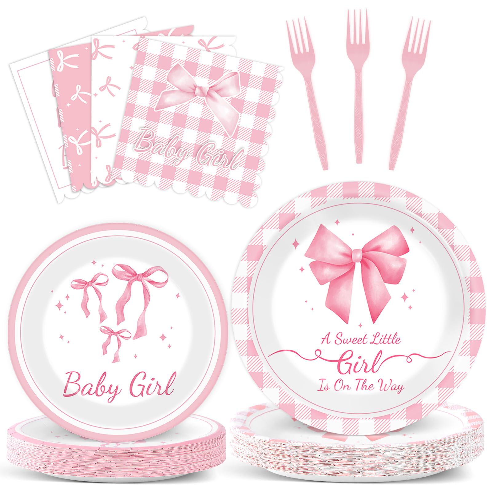96Pcs Pink Bow Baby Shower Party Supplies Girl Bow Paper Plates