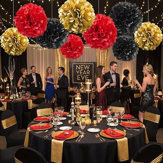 12pcs Black,Red and Gold Paper Pom Poms,Hanging Ceiling Tissue