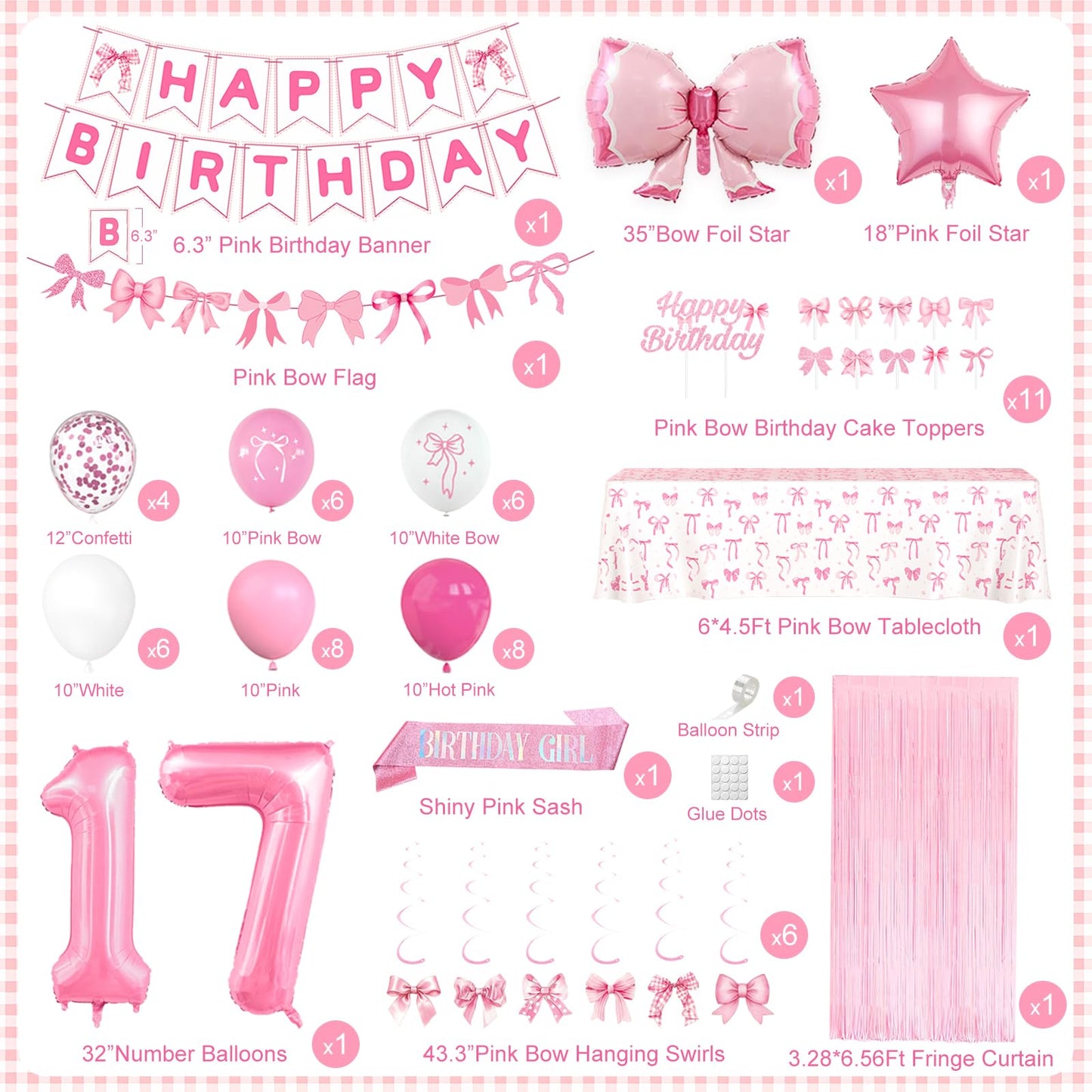 17th Pink Birthday Decorations for Girls, Pink Bow Coquette Birthday