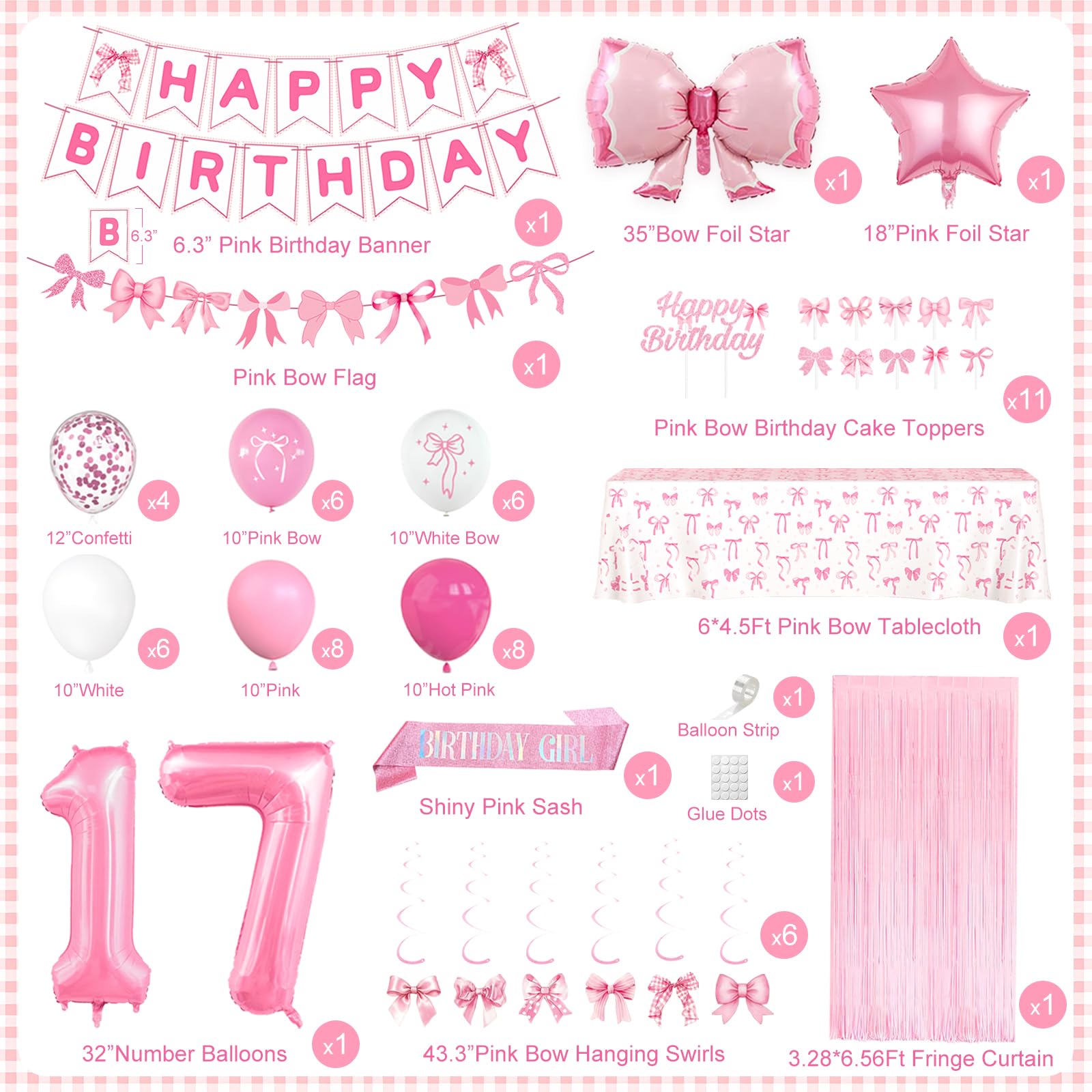 17th Pink Birthday Decorations for Girls, Pink Bow Coquette Birthday