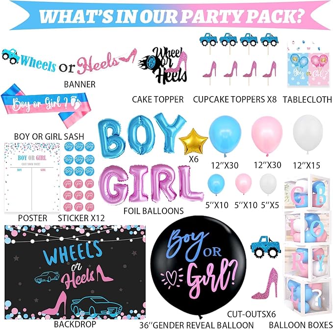 Wheels or Heels Gender Reveal Decorations 169 PCs Boy or Girl Gender