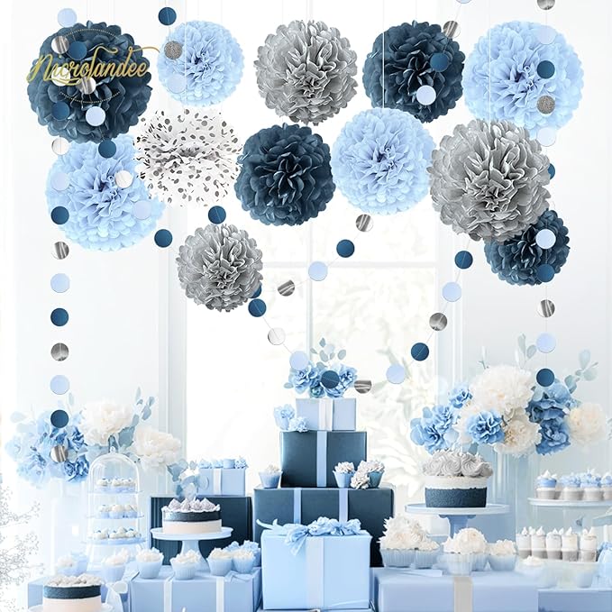 Dusty Blue Wedding Decorations 15 PCS Tissue Pom Poms Paper Garland