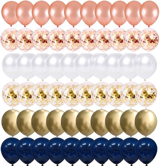 68 Pack Navy Blue Rose Gold Confetti Latex Balloons, 12 inch Birthday