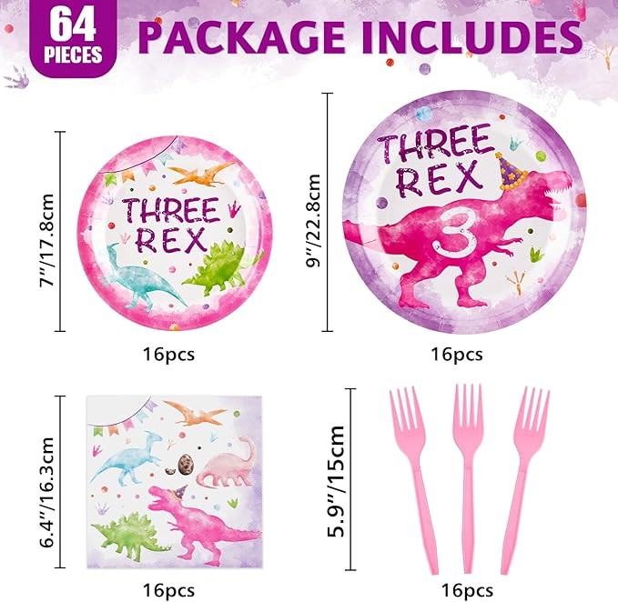 Dinosaur 3rd Party Decorations 64PCS Dinosaur Plates Napkins and