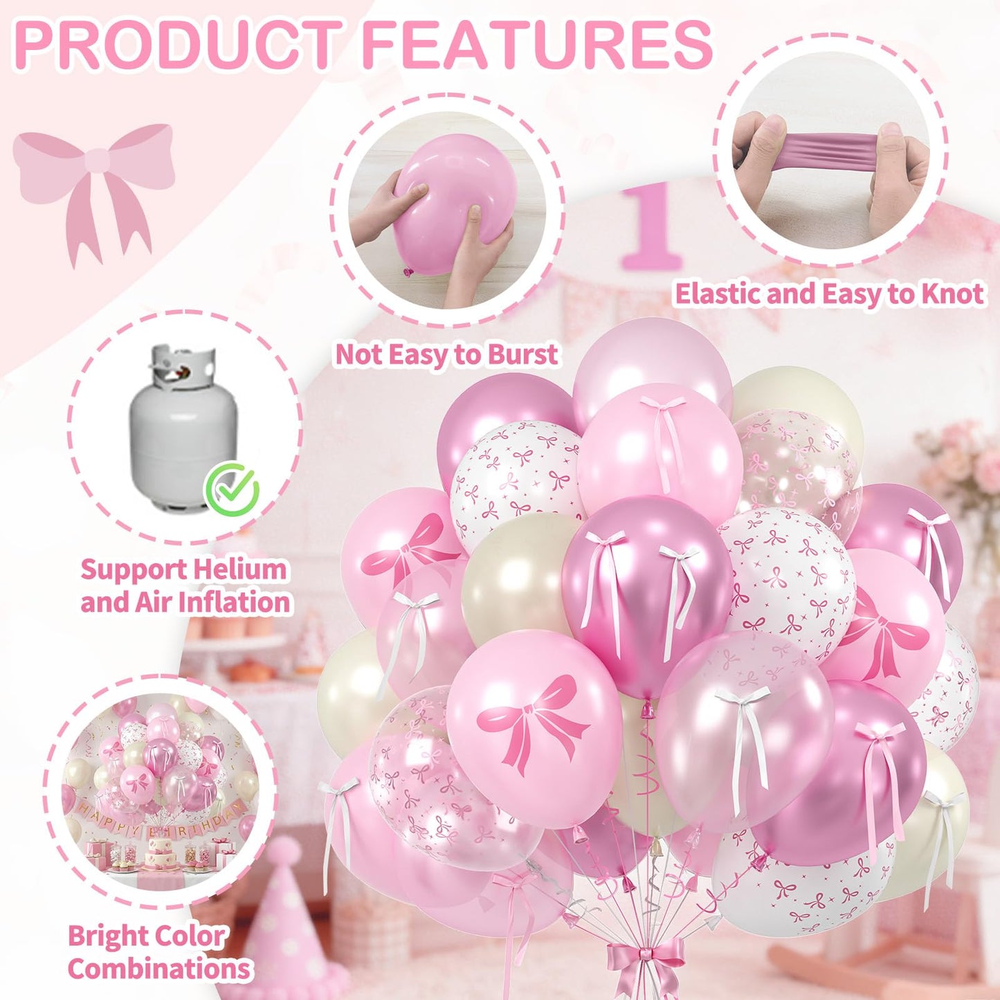 Pink Bow Balloons, 60PCS Double Stuffed Pearl White Light Pink