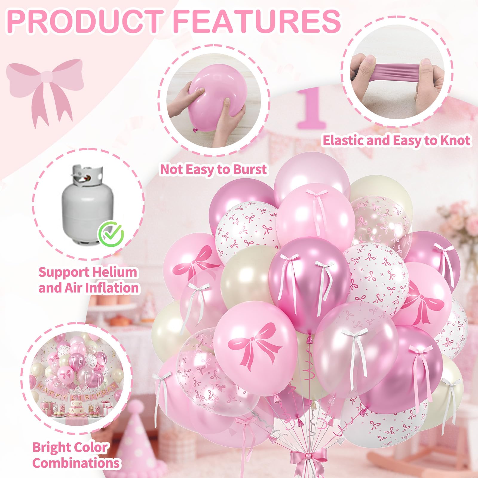 Pink Bow Balloons, 60PCS Double Stuffed Pearl White Light Pink