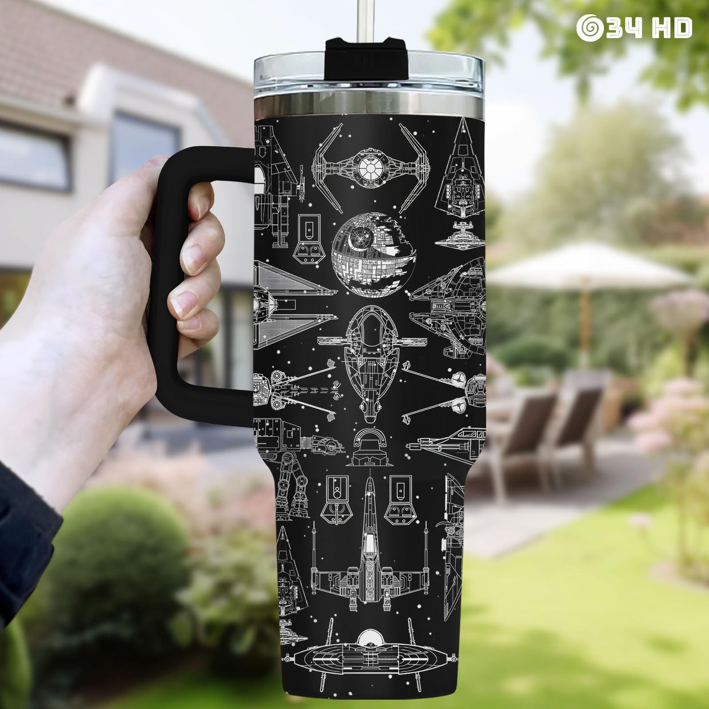34HD Galaxy Spaceship Tumbler 40oz with Handle and Straw - Sci-Fi Star