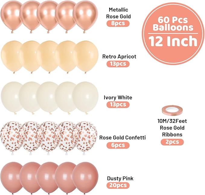 Funhot Retro Blush Pink Balloons Set, 60PCS Dusty Pink Birthday