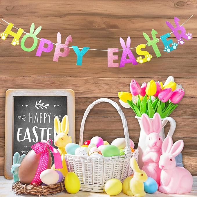Easter Party Decorations Glitter Bunny Hoppy Easter Banner Spring