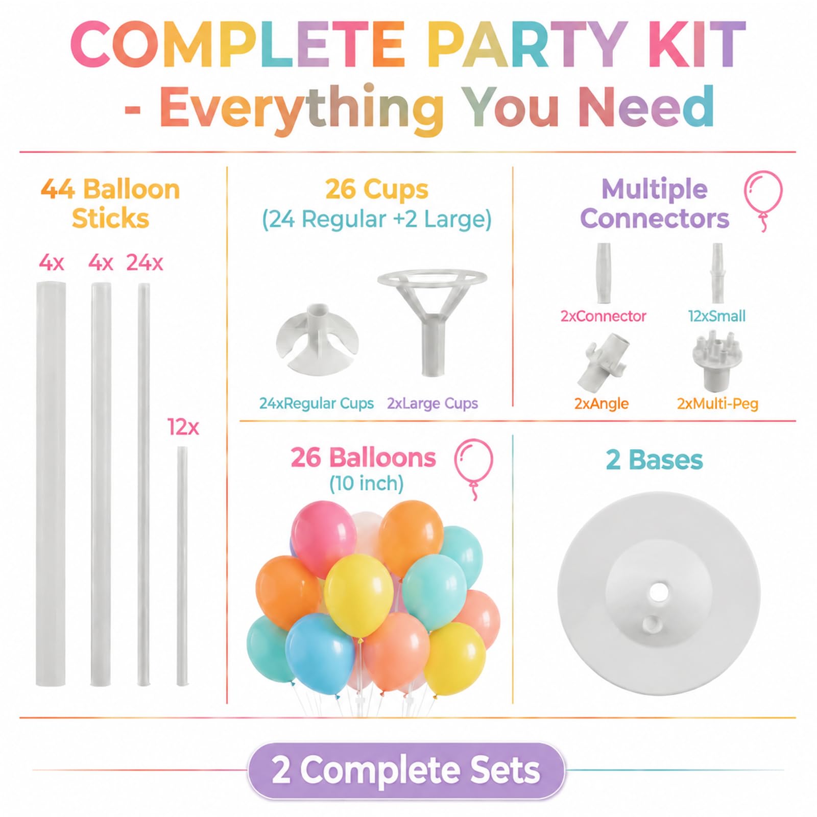 Tosuced Balloon Column Stand Kit,2 Sets of Assorted Rainbow Balloon