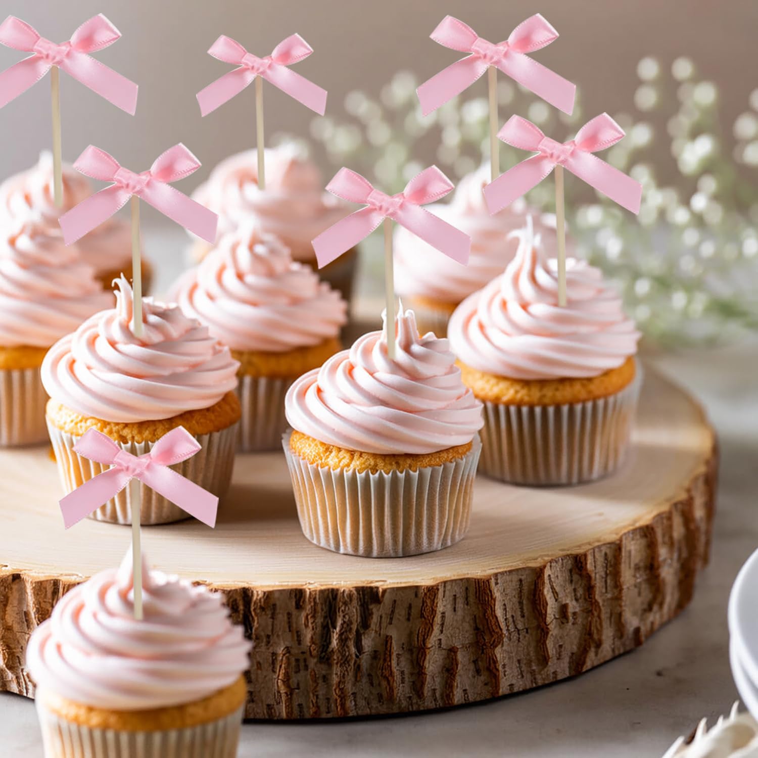 24pcs Bow Cupcake Toppers - Girls Pink Bow Cake Picks Party