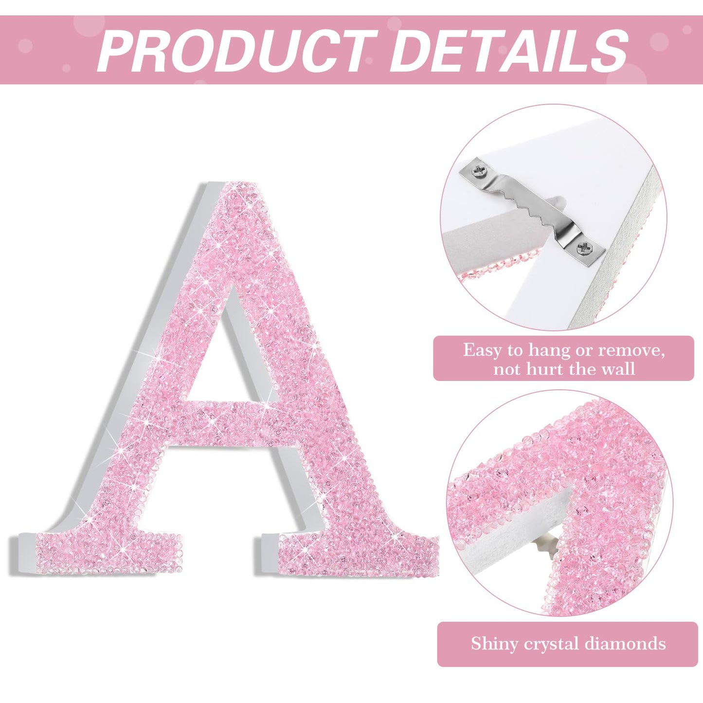 Qunclay Pink Crystal Diamond Letter Wall Decor, Glitter Wooden Bling