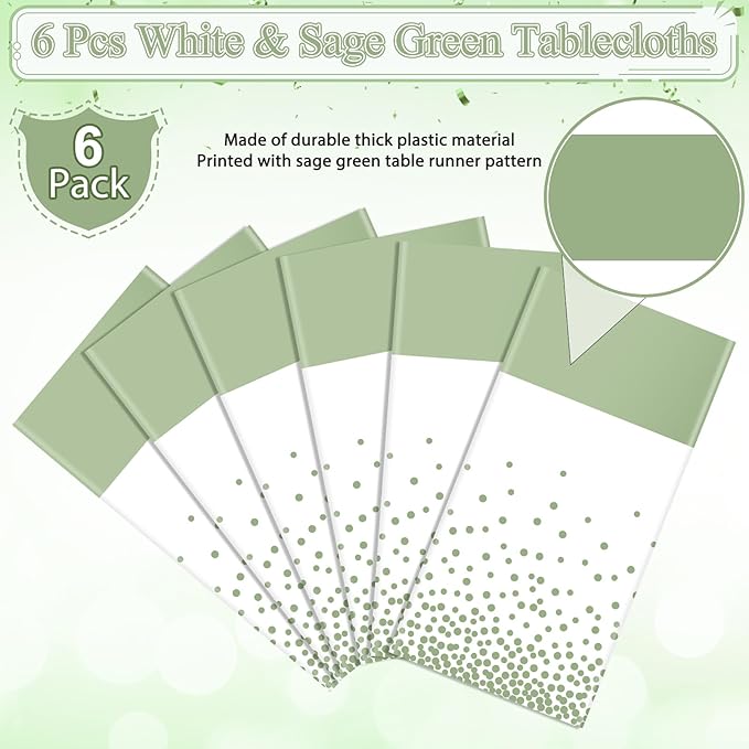 6Pcs White and Sage Green Tablecloth Decorations,Plastic White Table