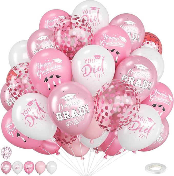 Pink Graduation Balloons,12 Inch Pink and Rose Gold Printed 2026,You