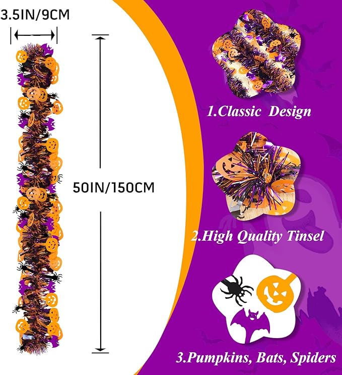 Halloween Garland Decorations 50Ft Glitter Tinsel Pumpkin Bats