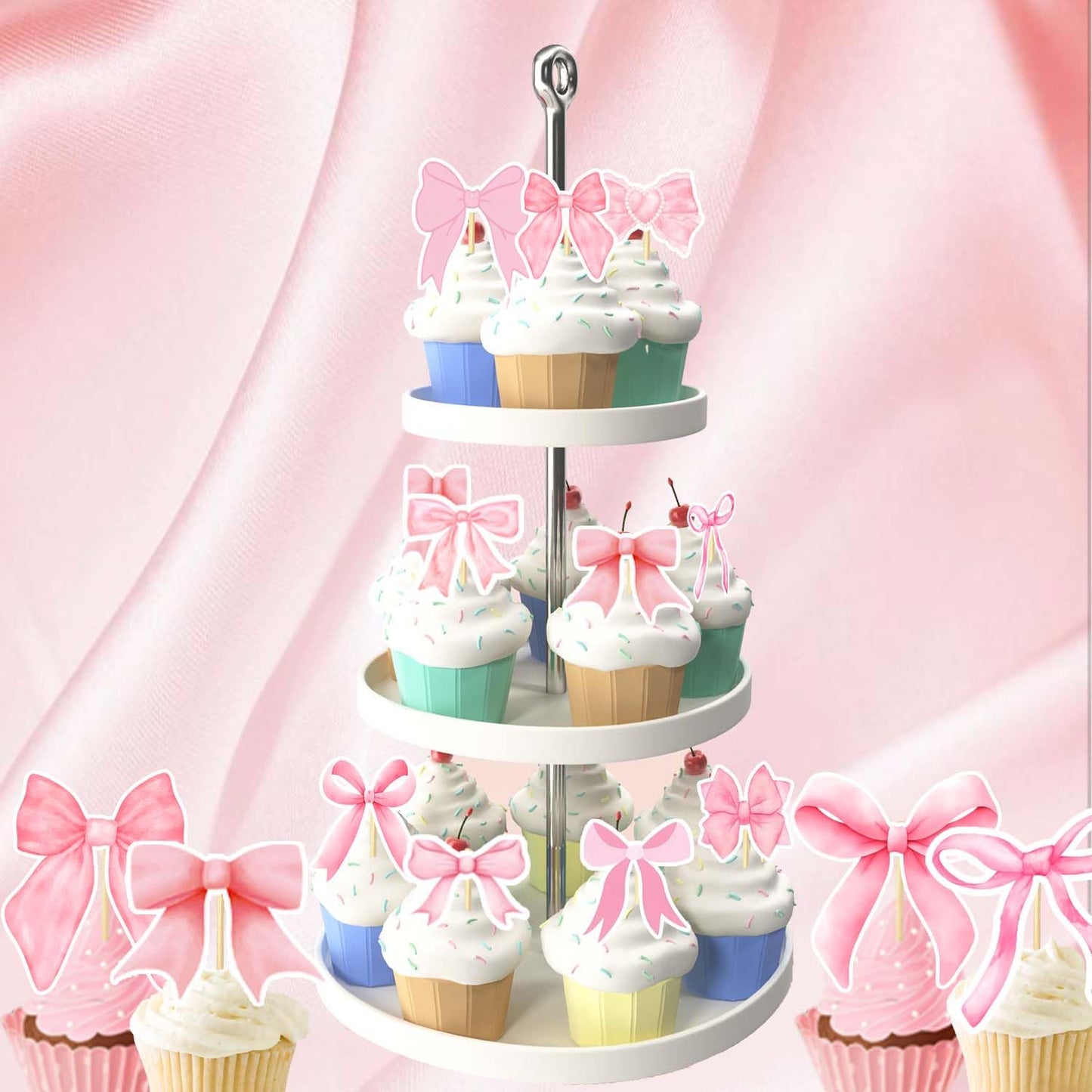 48PCS Coquette Bow Cupcake Toppers, Pink Bow Coquette Birthday Cake