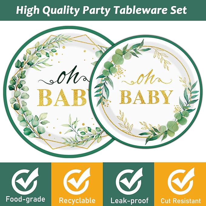 96PCS Sage Greenery Oh Baby Tableware Set Baby Shower Dinnerware