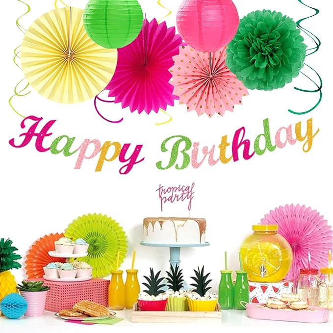Hawaiian Luau Birthday Party Decorations Supplies 21pcs Happy Banner