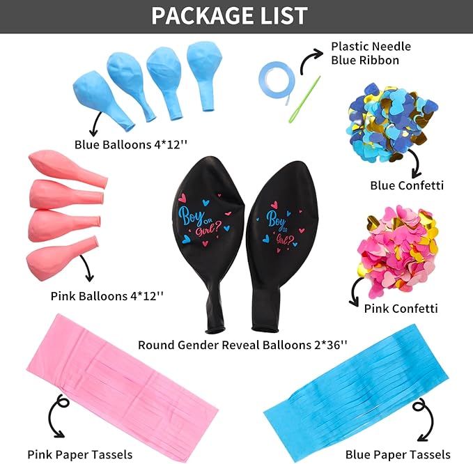 Gender Reveal Balloon Kit 2pcs 36 Jumbo Black Baby Boy or Girl