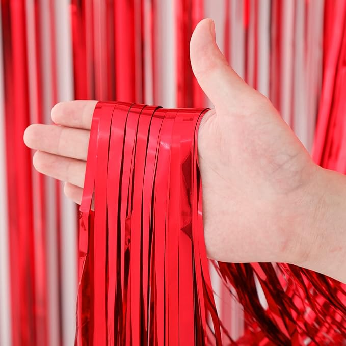 Voircoloria 3 Pack 3.3x8.2 Feet Red Foil Fringe Backdrop Curtains,