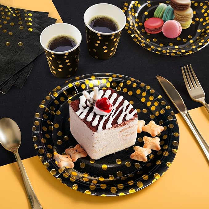 HOMIX Black and Gold Party Supplies 175 Pieces Disposable Black Paper