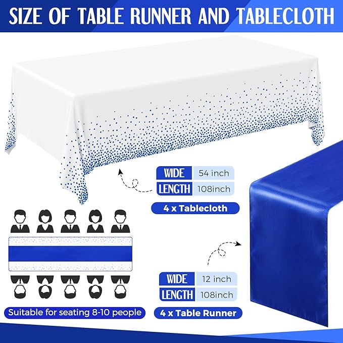 Breling 8 Pack Royal Blue Disposable Plastic Tablecloths and Satin