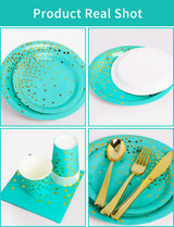 Nkaiso 141 Pieces Blue Green and gold Party Supplies, Disposable Party