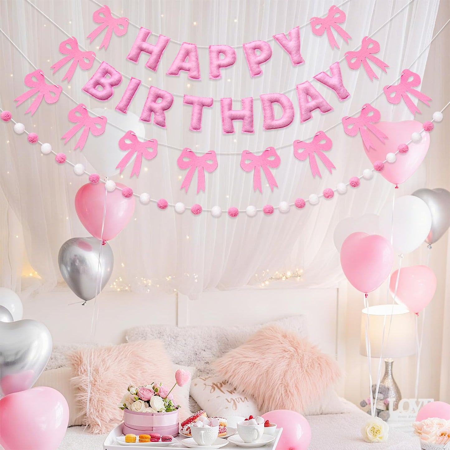 Pre-Strung Pink Bow Birthday Decorations, Reusable Coquette Party