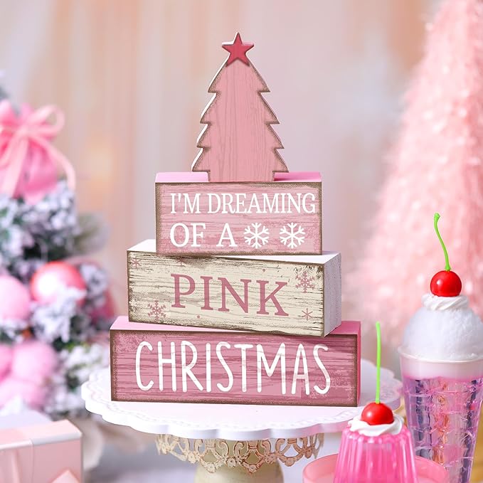 4 Pcs Christmas Table Decoration Wooden Pink Christmas Tree