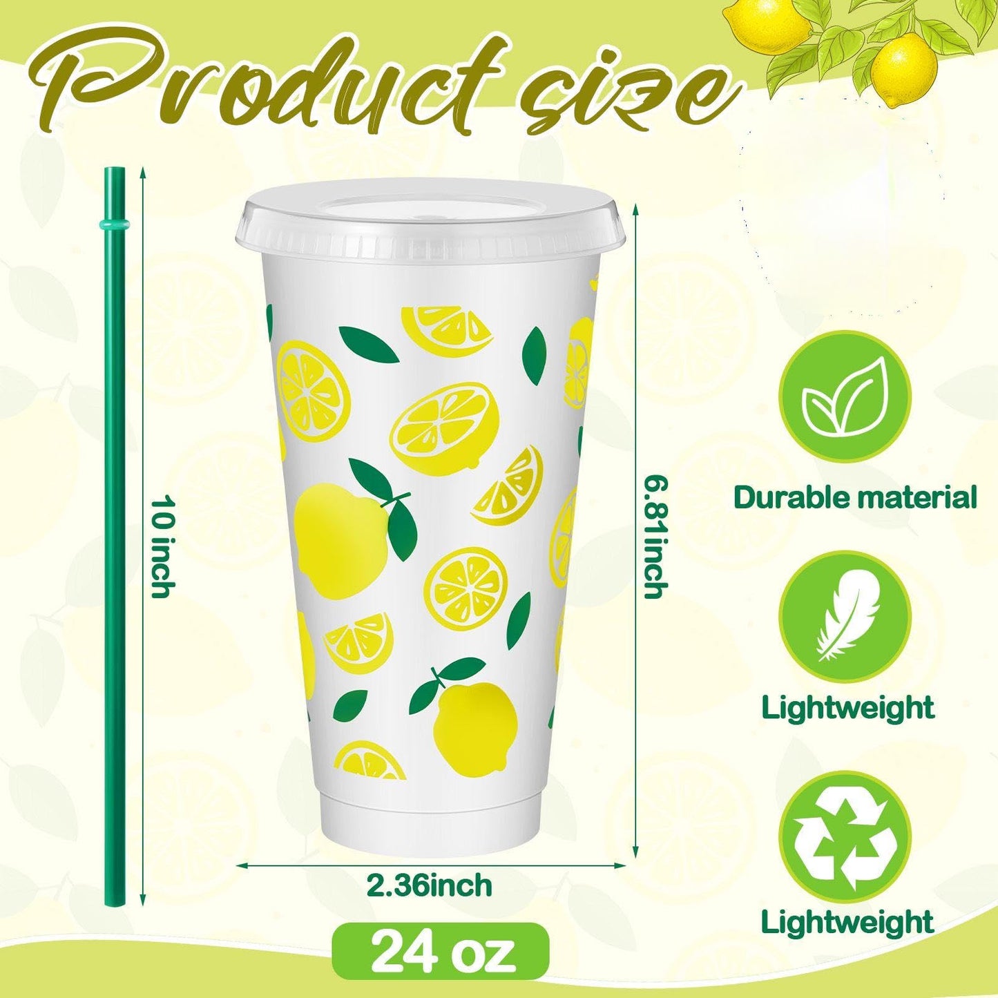 SiliFine 12 Pcs Plastic Lemon Cups, 24oz Reusable Tumbler with Lid and