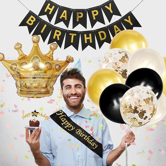 Black and Gold Birthday Decorations for Men Women