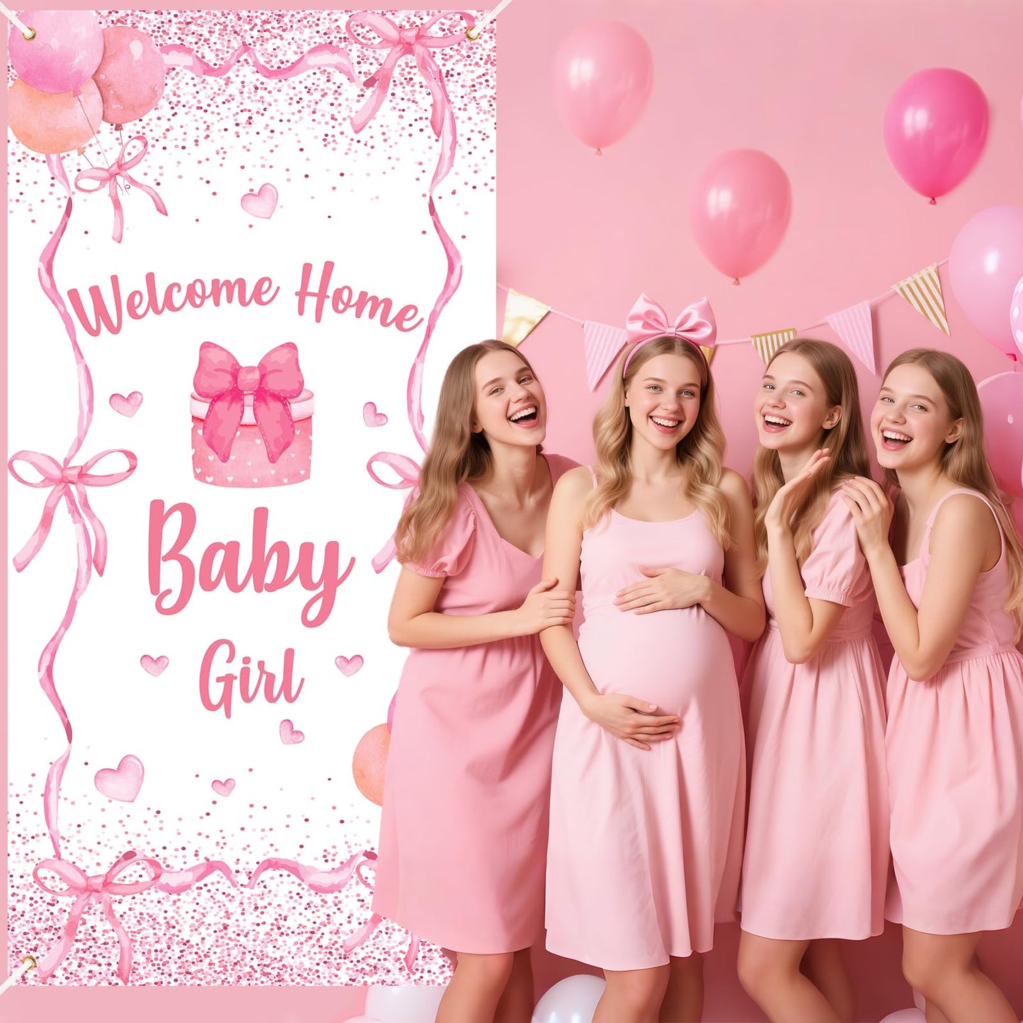 Welcome Home Baby Girl Banner Decorations Pink Bow Baby Shower