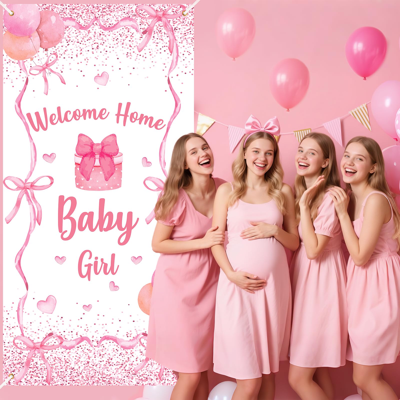 Welcome Home Baby Girl Banner Decorations Pink Bow Baby Shower