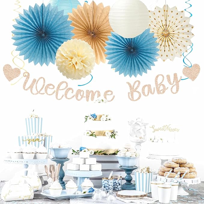 Light Dusty Blue Boho Baby Shower Party Decorations 21pcs Beige