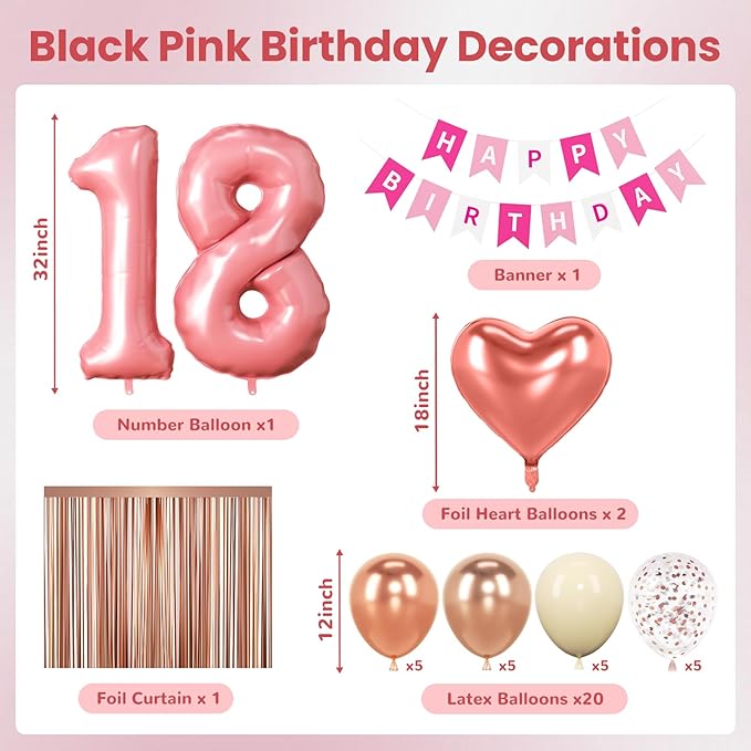 18th Birthday Decorations for Girls Rose Gold and Black Party