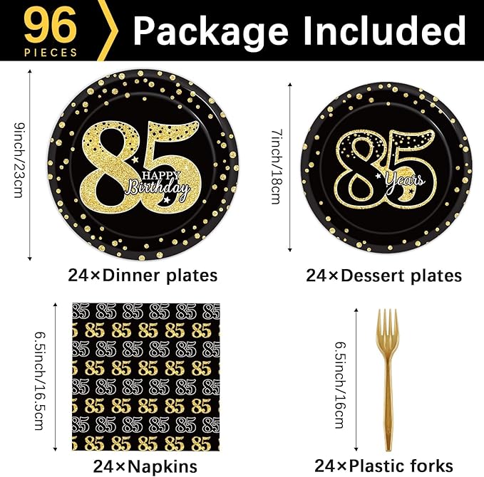 96 Pcs 85th Birthday Party Supplies Tableware Plates Cheers to 85