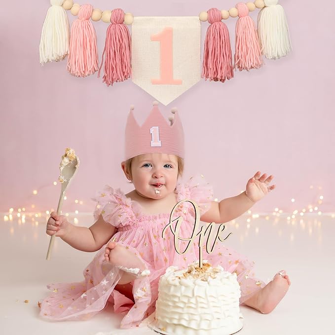 First Birthday Party Decorations Pink High Chair Banner 1st Crown