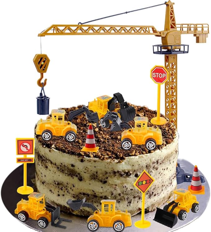 Construction Cake Topper Large Crane Excavator Traffic Road Sign