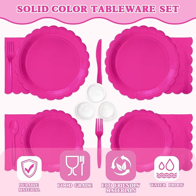 Vyntra 175 Pcs Hot Pink Disposable Paper Plates and Napkins Set for