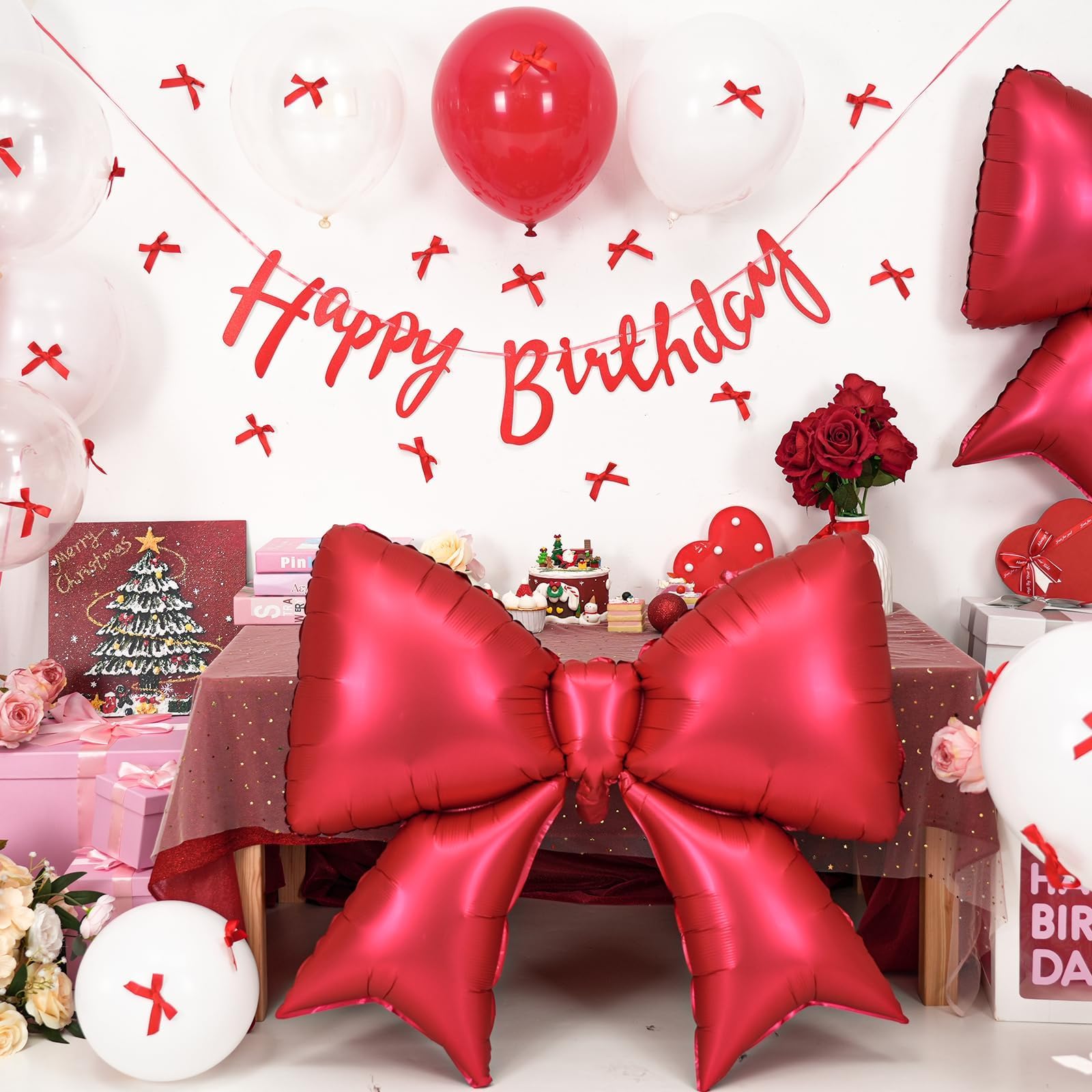 Red Bow Birthday Decorations, Red Happy Birthday Banner with Satin