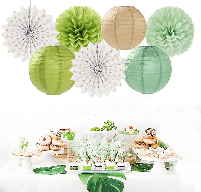 Olive Sage Green Boho Party Decorations Streamers Lanterns 14pcs
