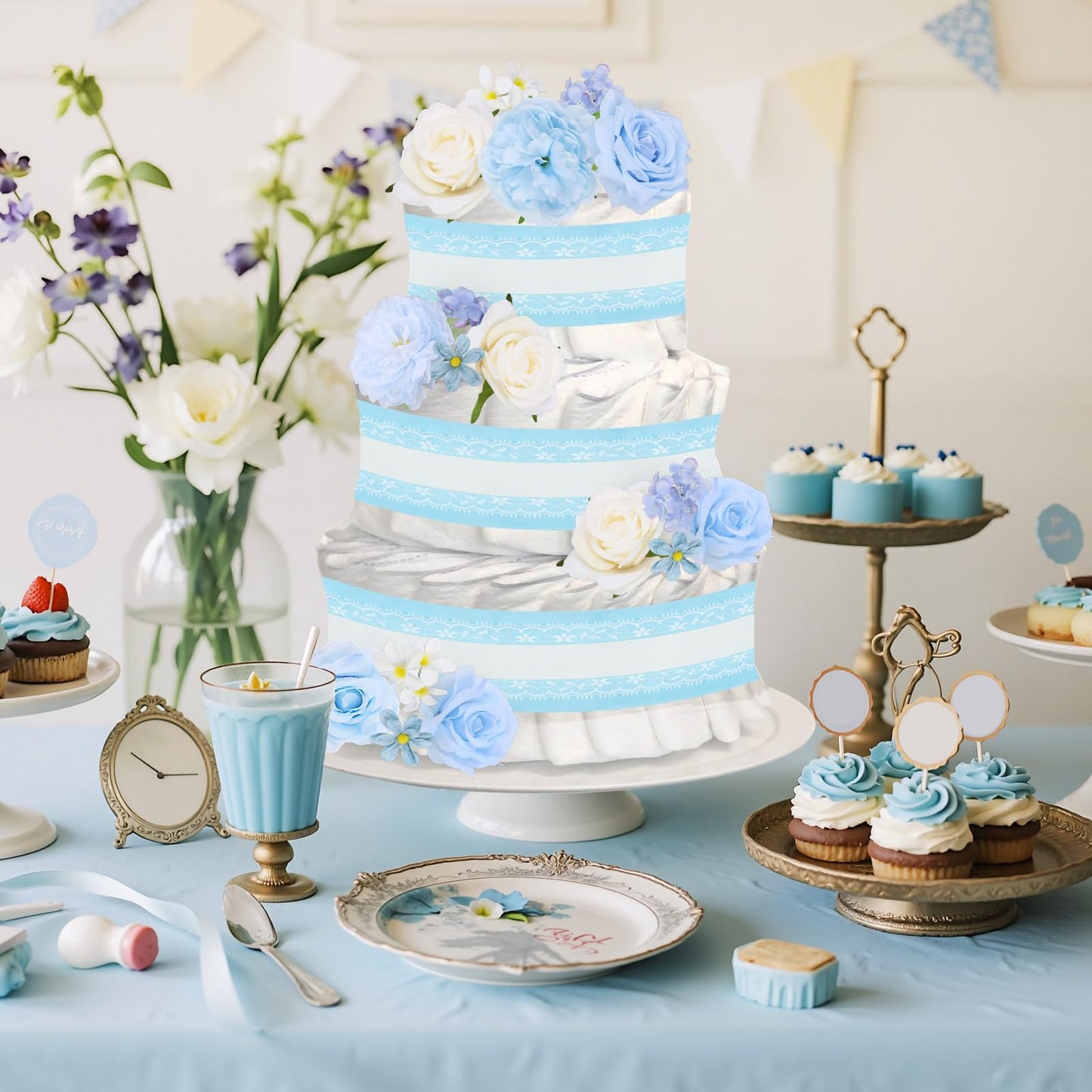 Cheerupp Blue Floral Theme Diaper Cake Decorations for Baby Shower