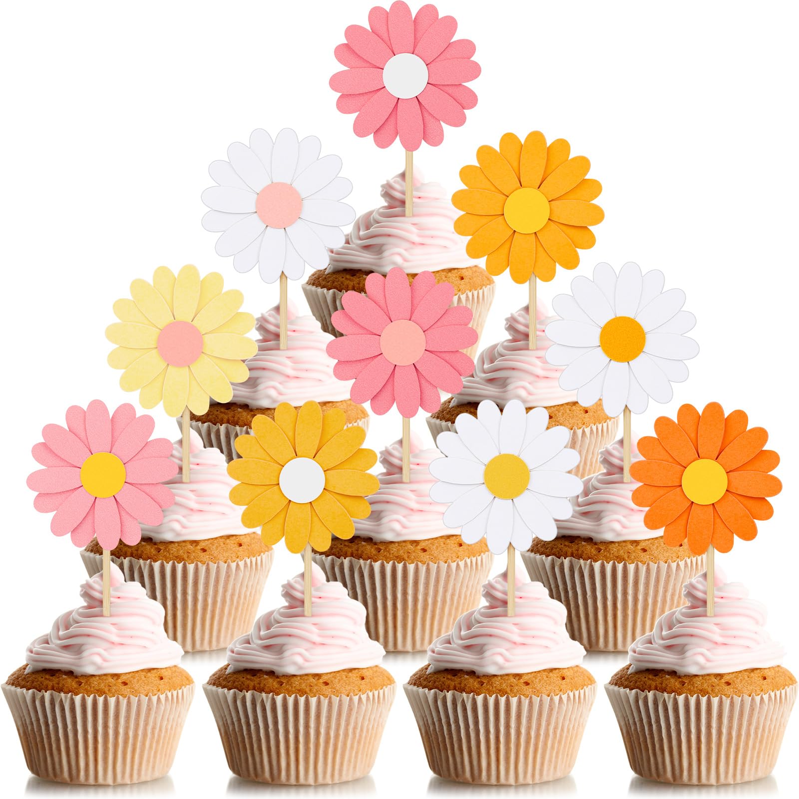 Henoyso 48 Pcs Daisy Cupcake Toppers Groovy Spring Flower Cake Topper