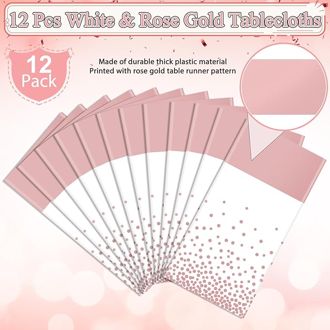 12Pcs White Rose Gold Tablecloth Party Decorations,Plastic White