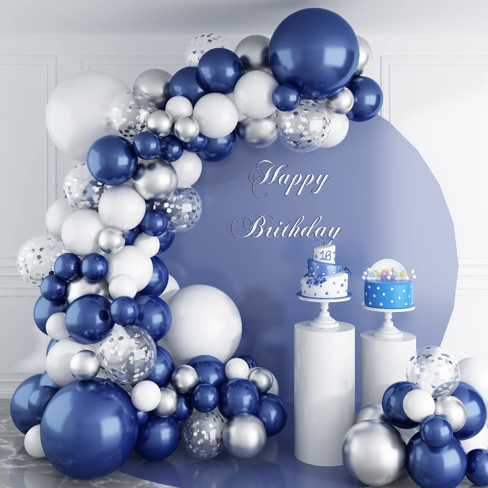 144PCS Navy Blue Silver Balloons Garland Kit, 18 12 10 5 inch Blue