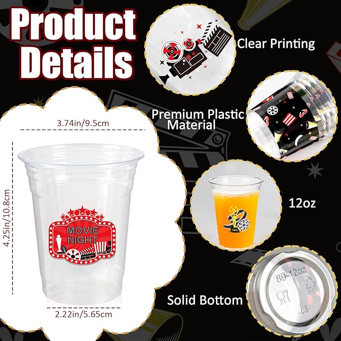 100 Pcs Movie Night Cups 12 Oz Clear Disposable Plastic Drinking