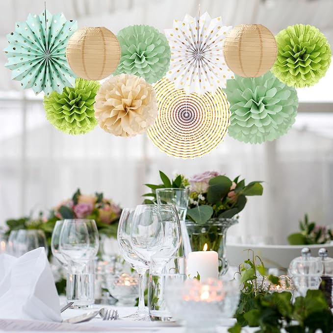 Sage Olive Green Gold Brown Boho Party Decorations 33pcs Paper